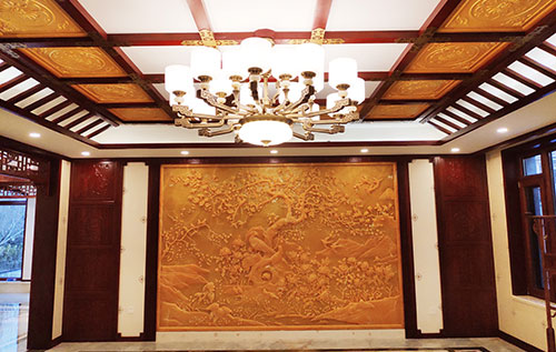 同江中式别墅客厅中式木作横梁吊顶装饰展示