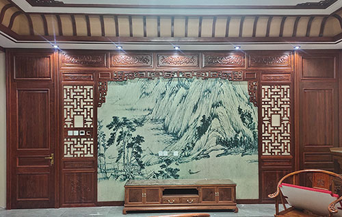 同江中式仿古别墅客厅背景墙花格木作装饰